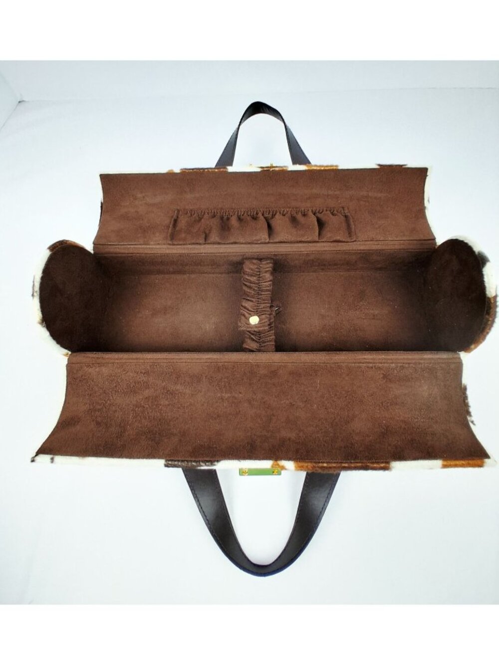 Cowhide Brown White Cylinder Wine Bottle Carrier/Handbag w/ Gold Hardware - Picture 2 of 12